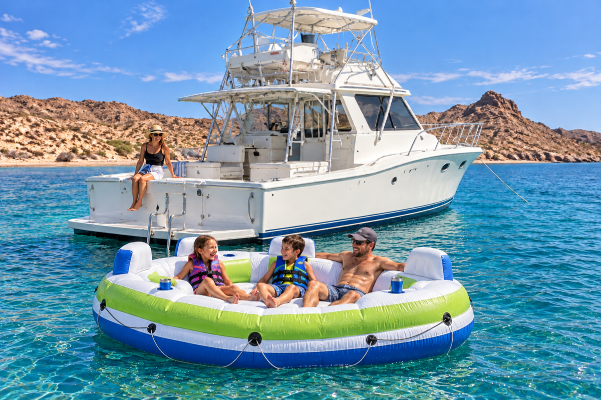 Kids and their parent relaxing on a large shared floating lounge beside a white flybridge charter boat on the Sea of Cortez
