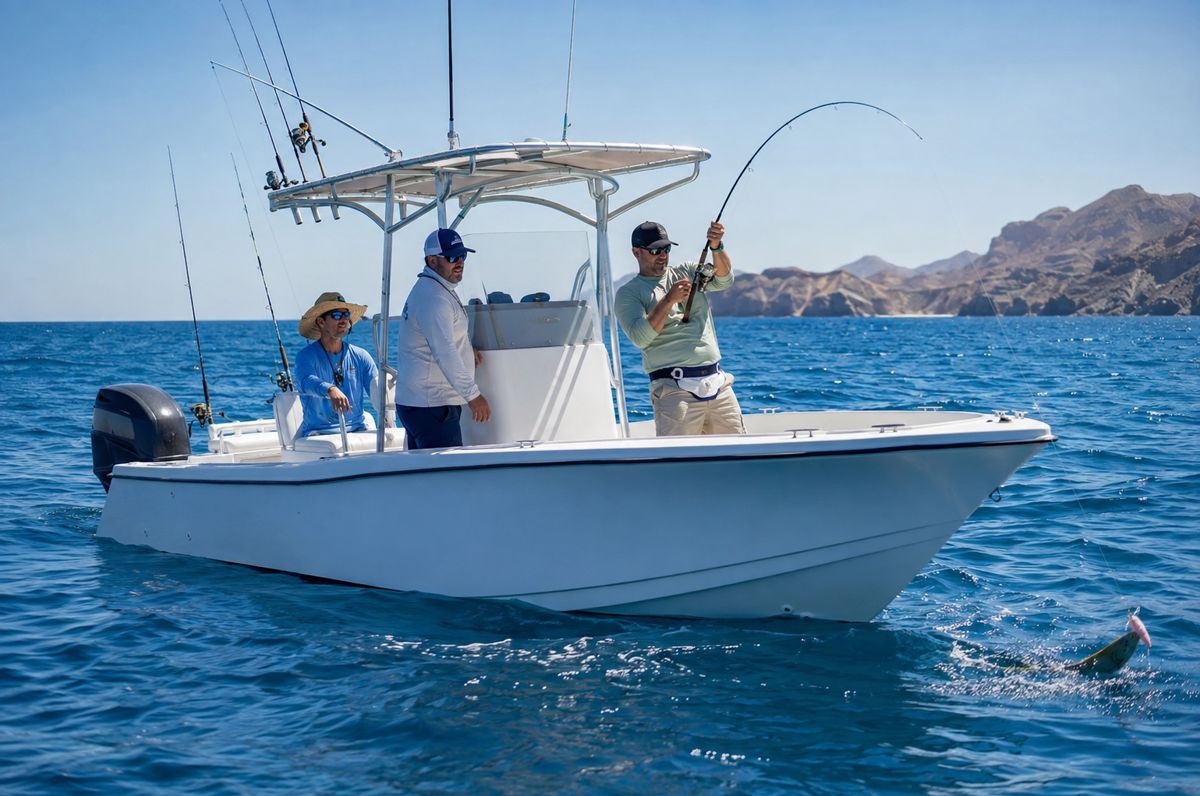 Guests fishing from a private center-console boat