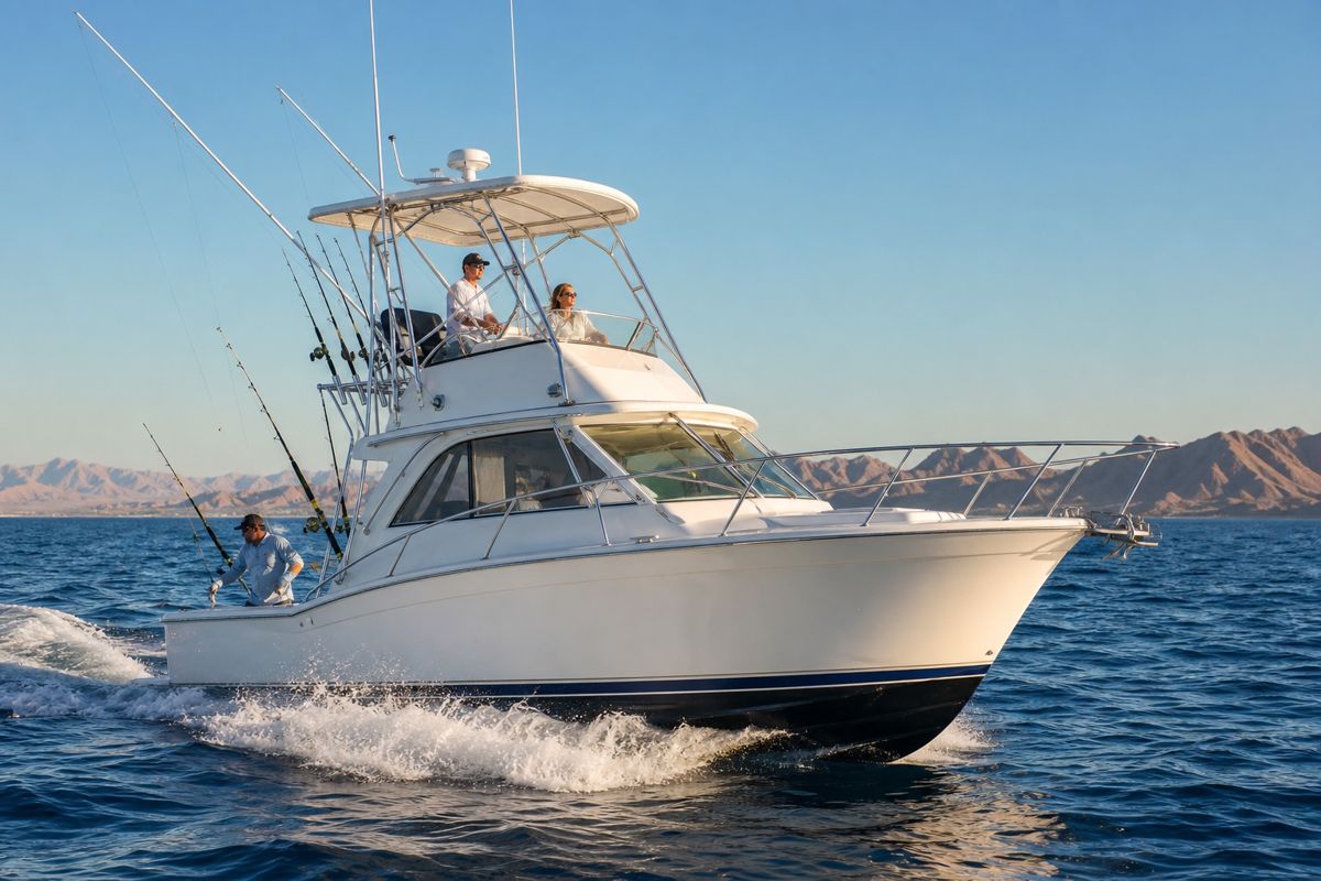 Large flybridge sportfishing boat underway on the Sea of Cortez