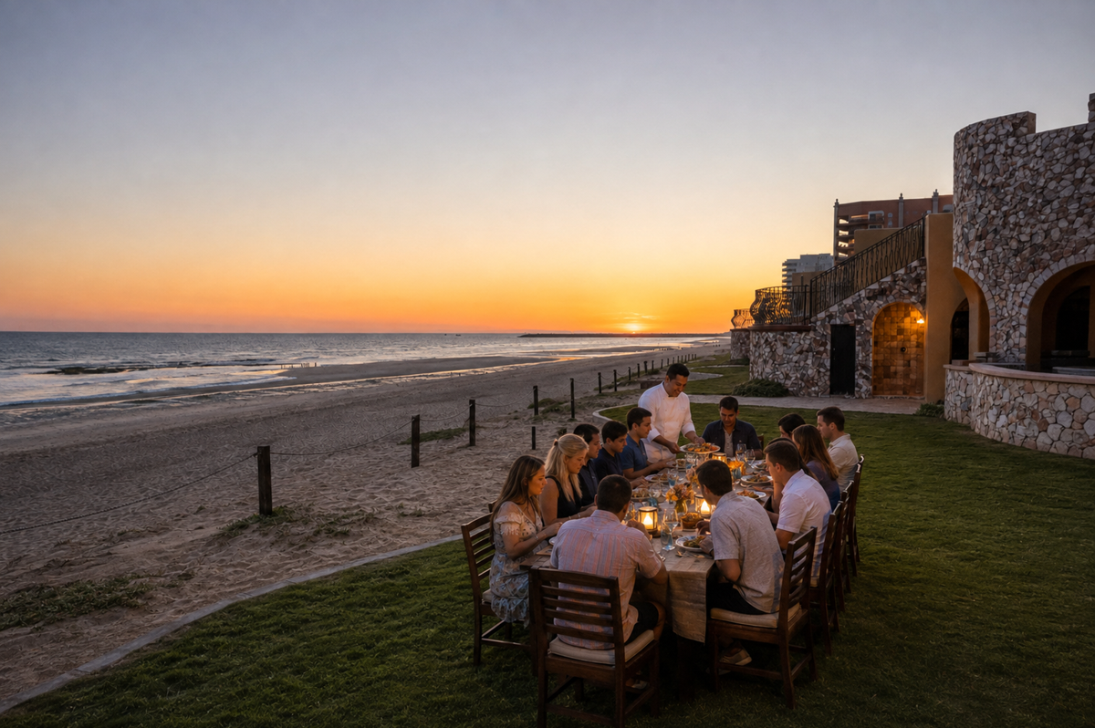 A group enjoying a chef-prepared sunset dinner at Villa Catalina
